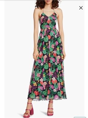Betsey Johnson Black Maxi Dress with Bright Tropical Floral Print Size Medium